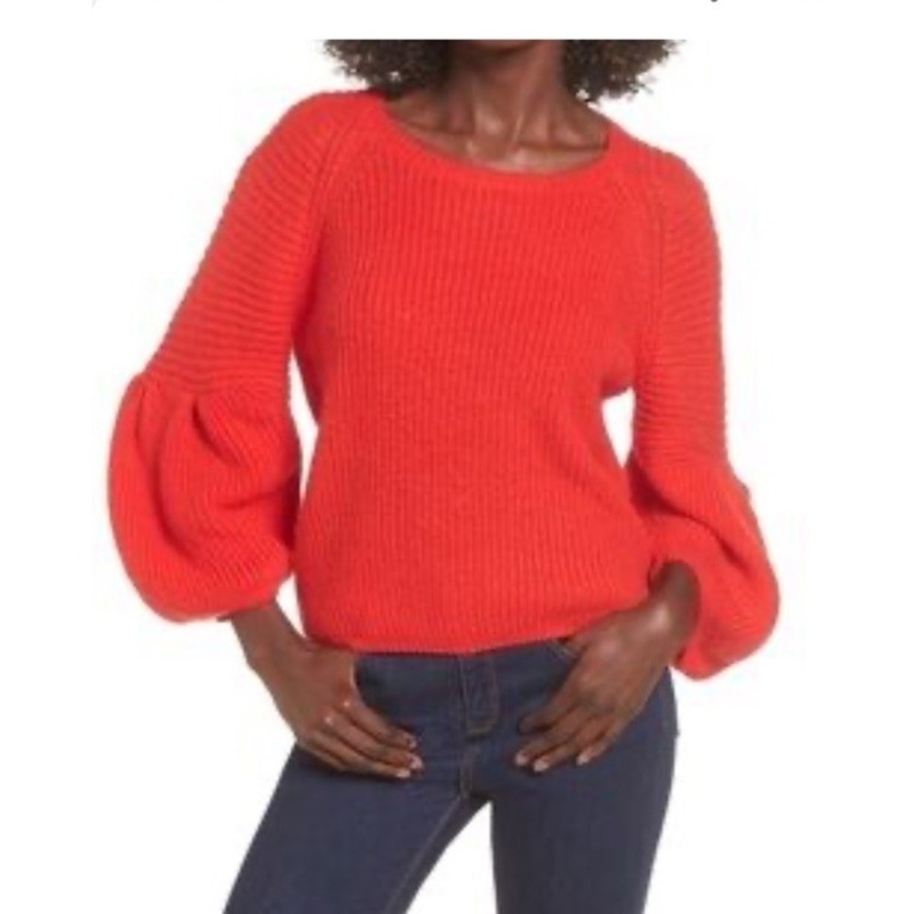 Red Puff Sleeve Leith Cable Knit Sweater Size XL